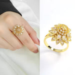sunflower spinner ring, anxiety ring for women, adjustable gold ring, floral cubic zirconia ring, sunflower jewelry, spinning anxiety ring, women fashion ring, floral leaf ring, elegant gold ring women, trendy women jewelry